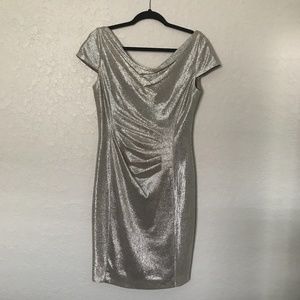Tahari Draped Neck Metallic Cocktail Dress